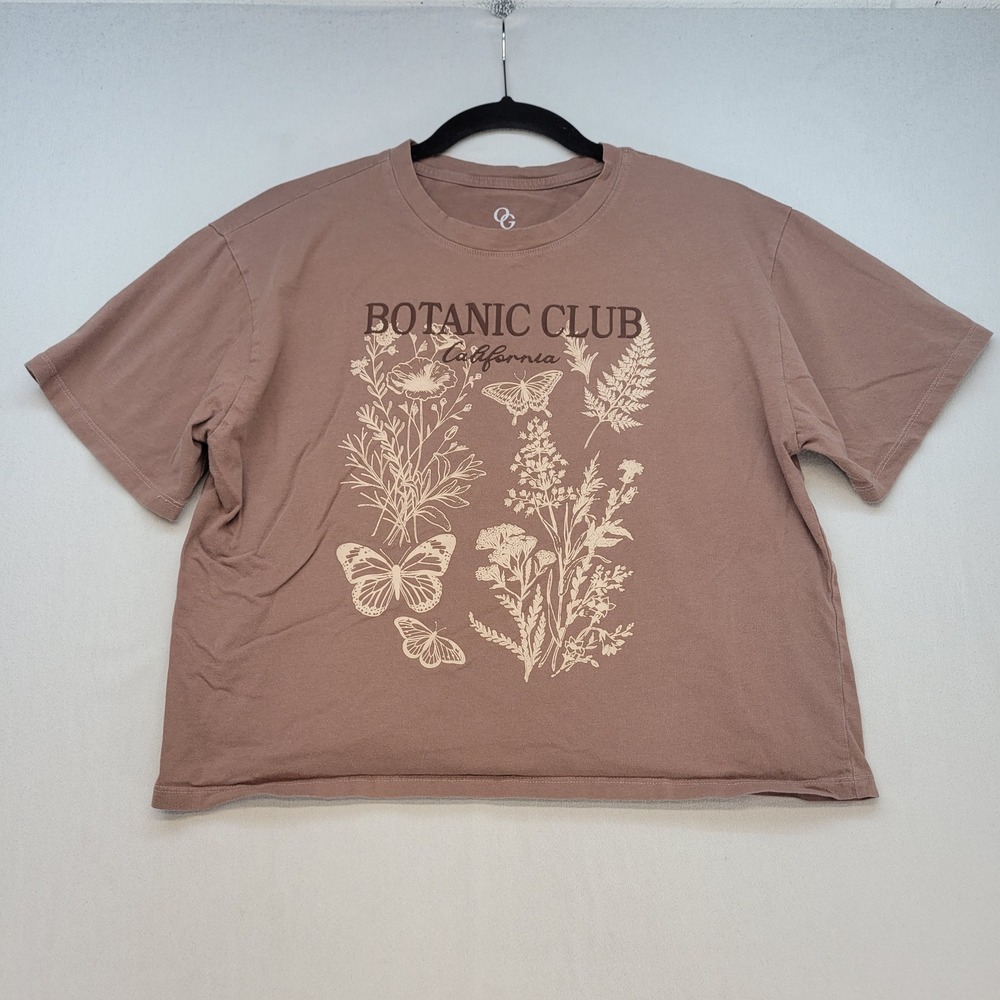 Organic Generation Graphic Tee Womens Medium Brown Botanic Club Butterfly Cotton